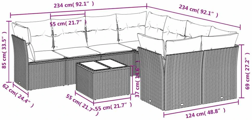 Lauko baldų komplektas Sodo komplektas su pagalvėlėmis, 9 dalių, juodas, poliratanas