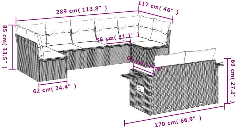 Lauko baldų komplektas Sodo komplektas su pagalvėlėmis, 9 dalių, rudas, poliratanas