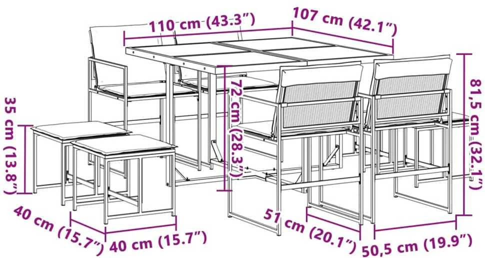 Lauko baldų komplektas Sodo komplektas su pagalvėlėmis, 9 dalių, baltas, tekstilenas