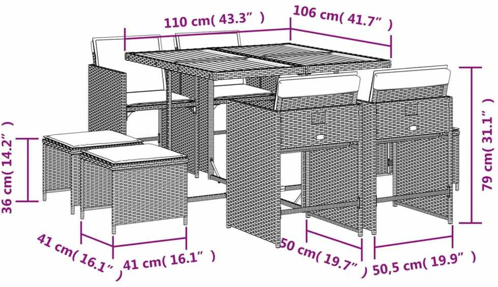 Lauko baldų komplektas Sodo komplektas su pagalvėlėmis, 9 dalių, smėlio, poliratanas