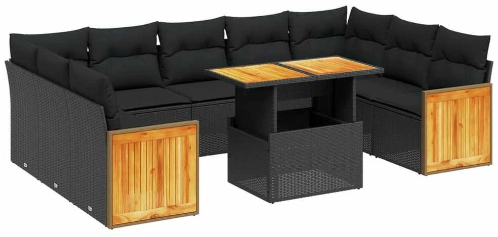 Lauko baldų komplektas Sodo komplektas su pagalvėlėmis, 10 dalių, juodas, poliratanas