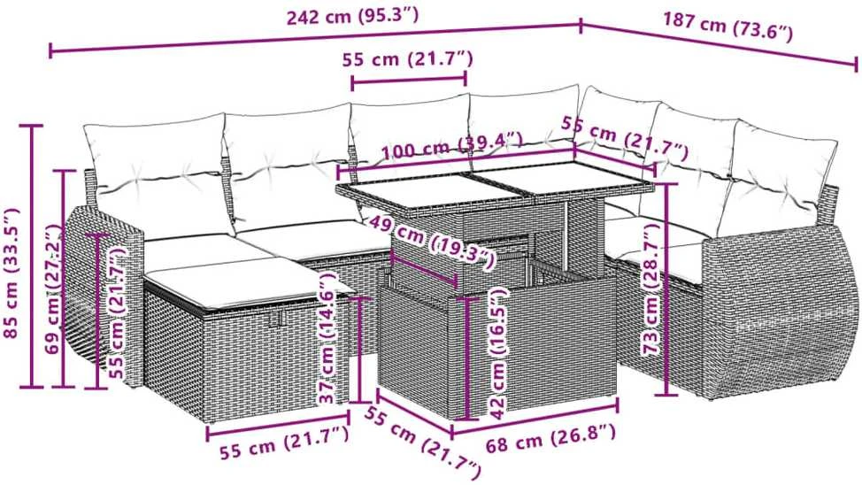 Lauko baldų komplektas Sodo komplektas su pagalvėlėmis, 8 dalių, pilkas, poliratanas