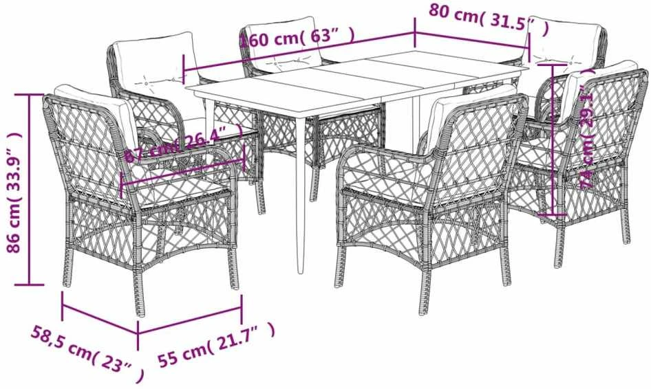 Lauko baldų komplektas Sodo komplektas su pagalvėlėmis, 7 dalių, pilkas, poliratanas