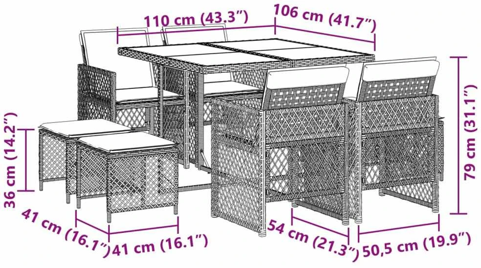 Lauko baldų komplektas Sodo komplektas su pagalvėlėmis, 9 dalių, juodas, poliratanas