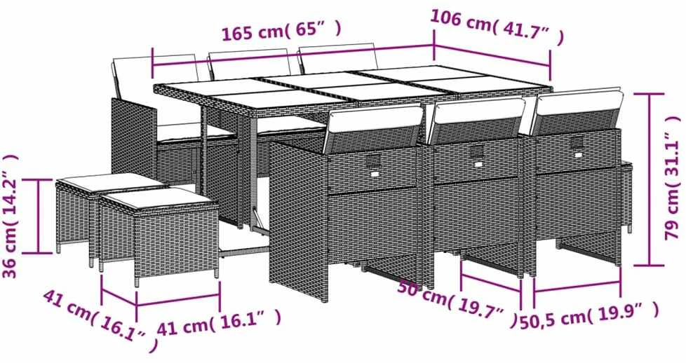 Lauko baldų komplektas Sodo komplektas su pagalvėlėmis, 11 dalių, juodas, poliratanas