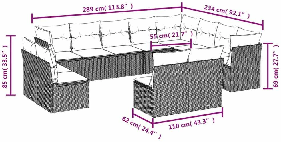 Sofa Sodo komplektas su pagalvėlėmis, 12 dalių, pilkas, poliratanas