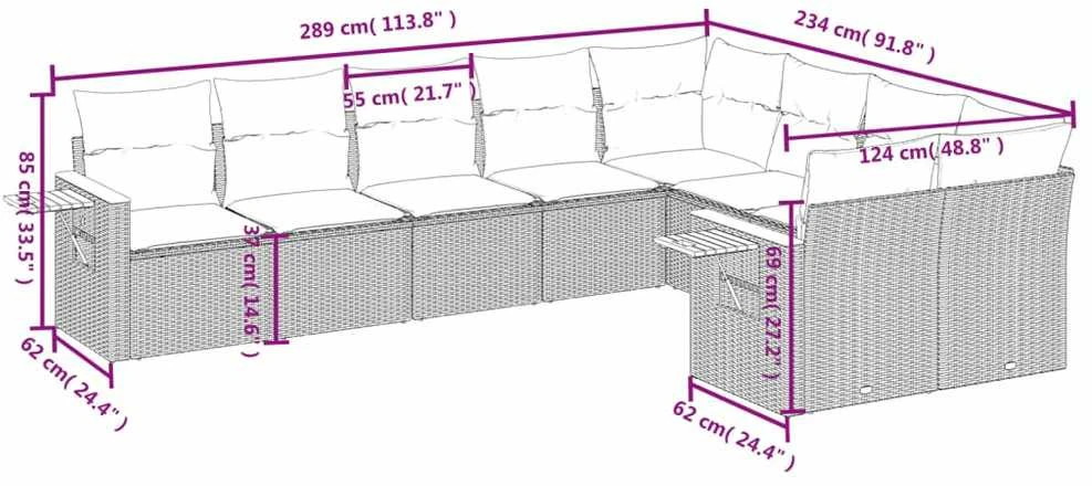 Lauko baldų komplektas Sodo komplektas su pagalvėlėmis, 9 dalių, smėlio, poliratanas
