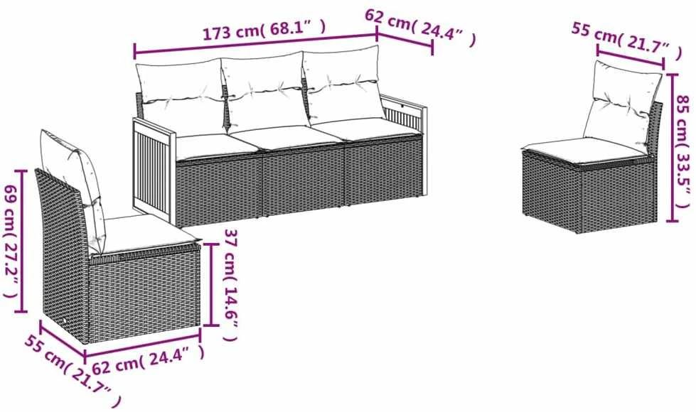 Lauko baldų komplektas Sodo komplektas su pagalvėlėmis, 5 dalių, juodas, poliratanas