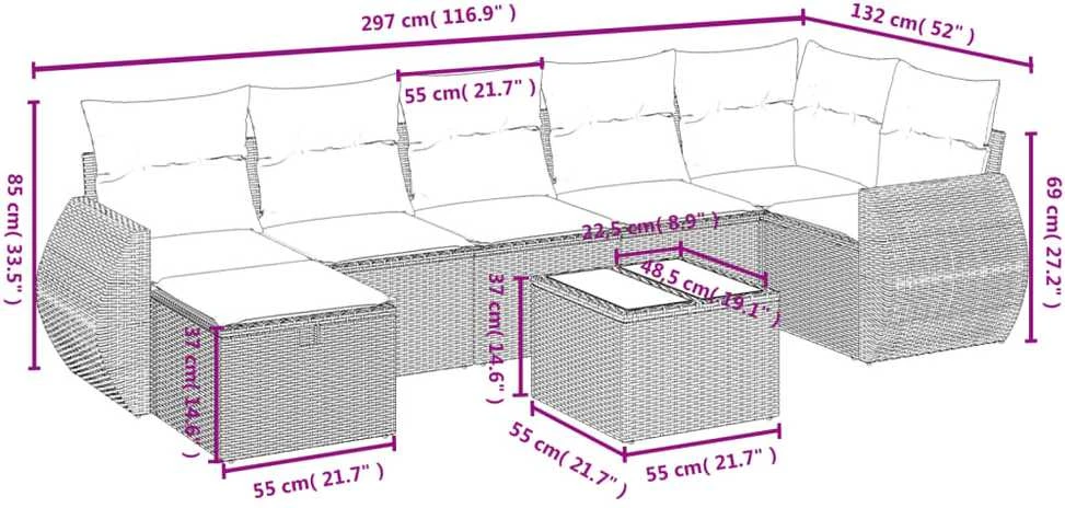 Lauko baldų komplektas Sodo komplektas su pagalvėlėmis, 8 dalių, pilkas, poliratanas