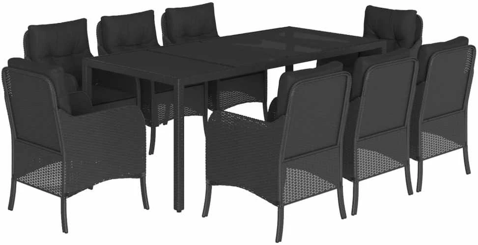 Lauko baldų komplektas Sodo komplektas su pagalvėlėmis, 9 dalių, juodas, poliratanas