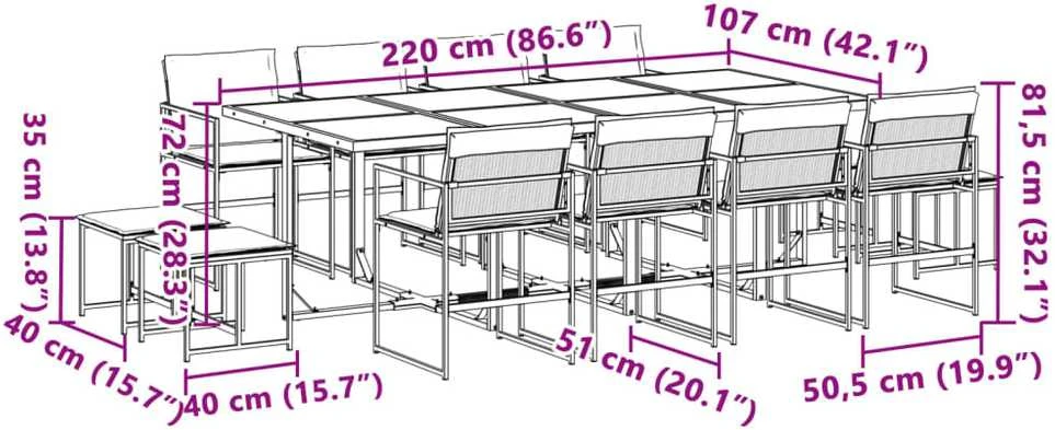 Lauko baldų komplektas Sodo komplektas su pagalvėlėmis, 13 dalių, baltas, tekstilenas