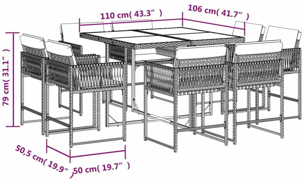 Lauko baldų komplektas Sodo komplektas su pagalvėlėmis, 9 dalių, juodas, poliratanas