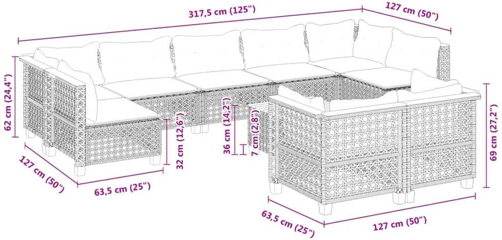 Lauko baldų komplektas Sodo komplektas su pagalvėlėmis, 10 dalių, juodas, poliratanas