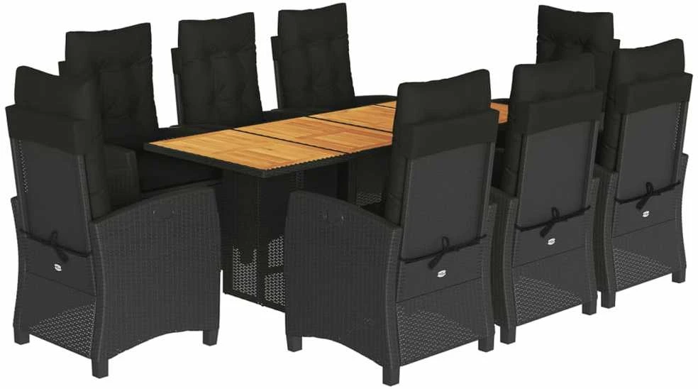 Lauko baldų komplektas Sodo komplektas su pagalvėlėmis, 9 dalių, juodas, poliratanas