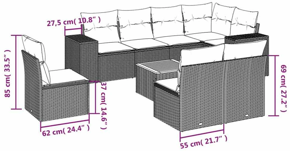 Sofa Sodo komplektas su pagalvėlėmis, 9 dalių, juodas, poliratanas