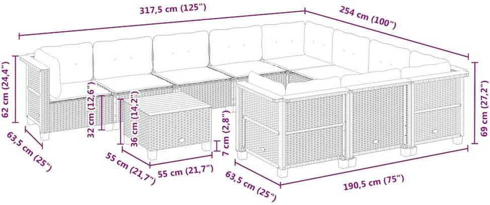 Lauko baldų komplektas Sodo komplektas su pagalvėlėmis, 11 dalių, smėlio, poliratanas