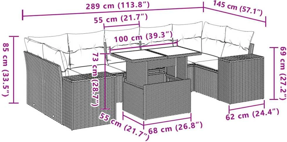Sofa Sodo komplektas su pagalvėlėmis, 8 dalių, pilkas, poliratanas