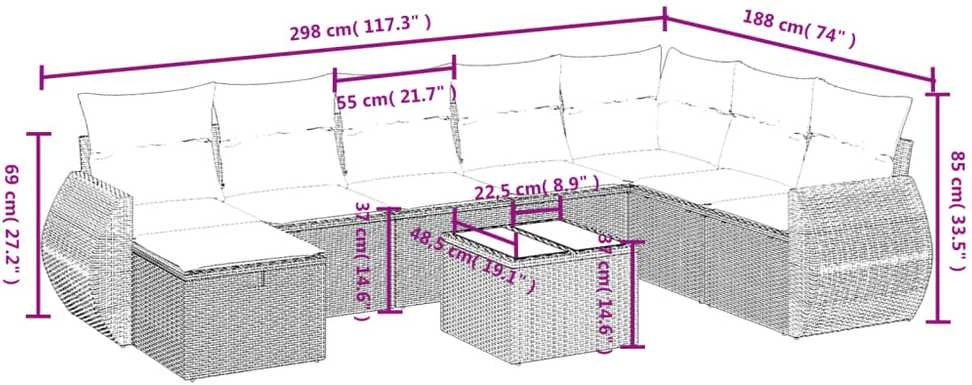 Sofa Sodo komplektas su pagalvėlėmis, 9 dalių, smėlio, poliratanas