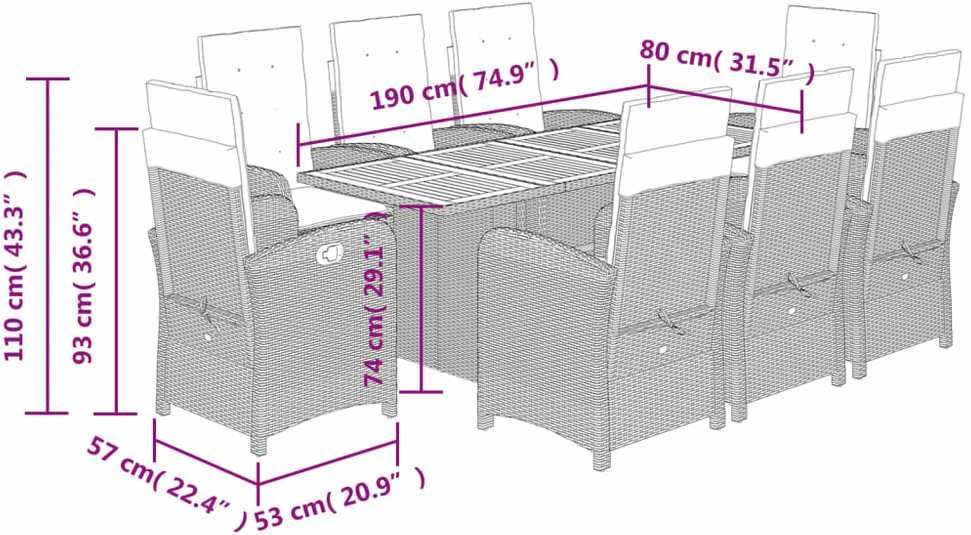 Lauko baldų komplektas Sodo komplektas su pagalvėlėmis, 9 dalių, juodas, poliratanas