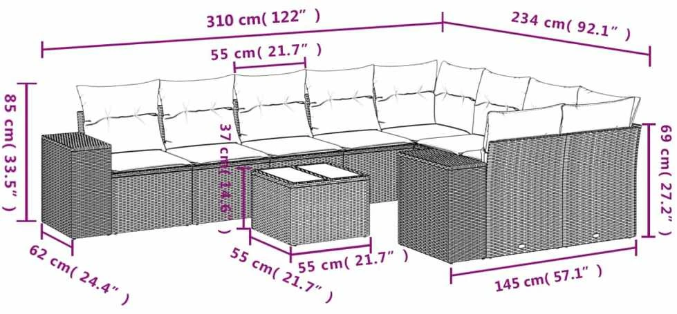 Lauko baldų komplektas Sodo komplektas su pagalvėlėmis, 10 dalių, juodas, poliratanas
