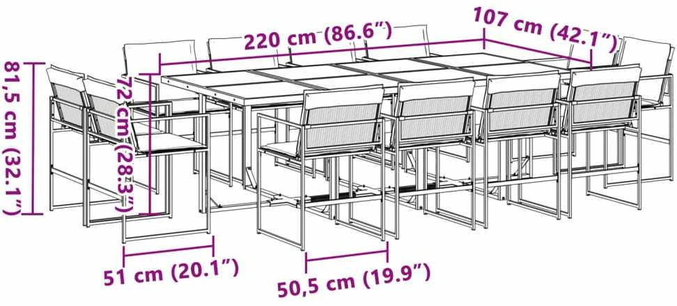 Lauko baldų komplektas Sodo komplektas su pagalvėlėmis, 13 dalių, baltas, tekstilenas