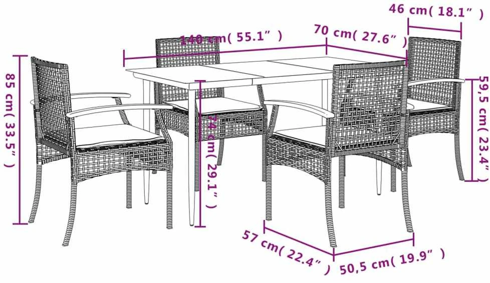 Lauko baldų komplektas Sodo komplektas su pagalvėlėmis, 5 dalių, pilkas, poliratanas