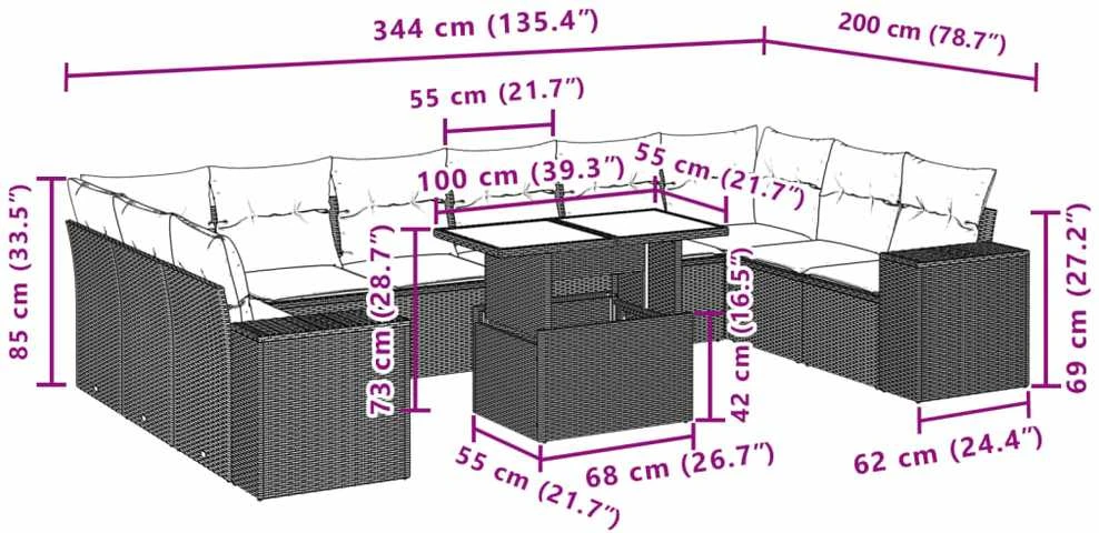 Sofa Sodo komplektas su pagalvėlėmis, 11 dalių, pilkas, poliratanas