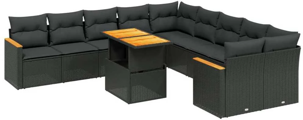 Lauko baldų komplektas Sodo komplektas su pagalvėlėmis, 11 dalių, juodas, poliratanas