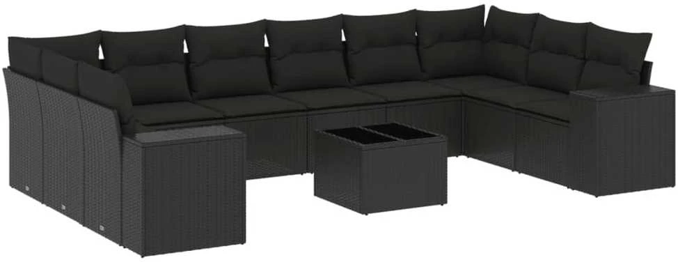 Sofa Sodo komplektas su pagalvėlėmis, 11 dalių, juodas, poliratanas