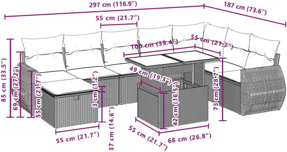 Lauko baldų komplektas Sodo komplektas su pagalvėlėmis, 9 dalių, smėlio, poliratanas