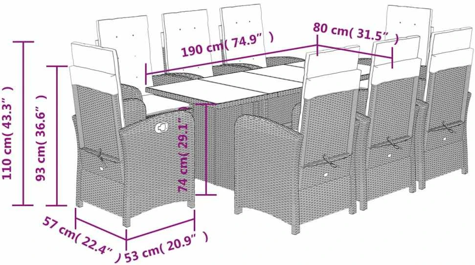 Lauko baldų komplektas Sodo komplektas su pagalvėlėmis, 9 dalių, pilkas, poliratanas