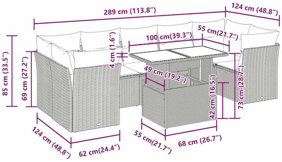 Lauko baldų komplektas Sodo komplektas su pagalvėlėmis, 8 dalių, rudas, poliratanas