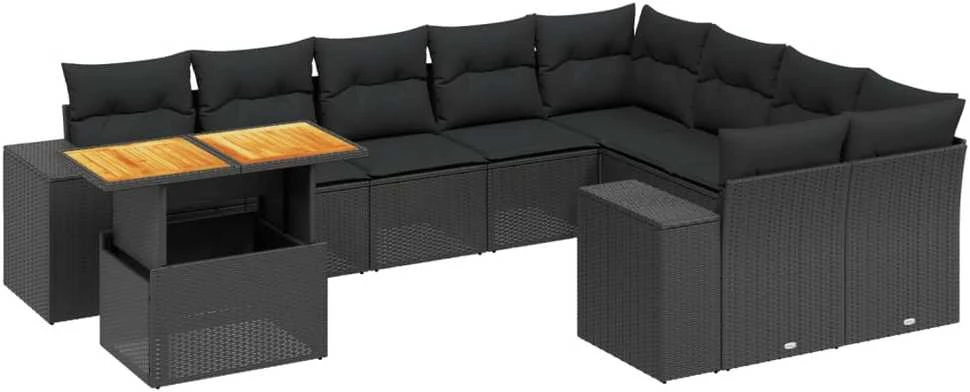 Lauko baldų komplektas Sodo komplektas su pagalvėlėmis, 10 dalių, juodas, poliratanas