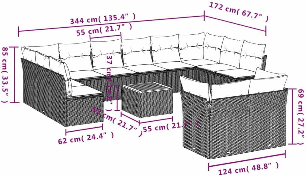 Lauko baldų komplektas Sodo komplektas su pagalvėlėmis, 13 dalių, pilkas, poliratanas