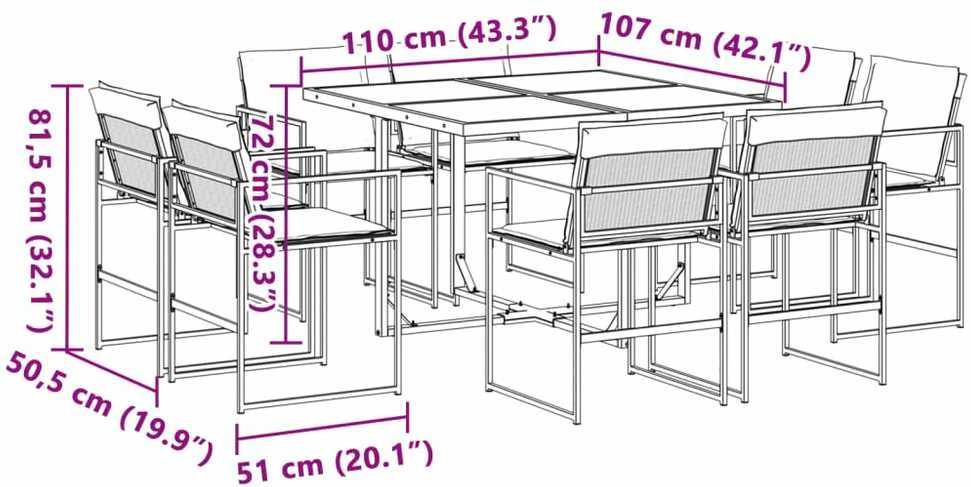Lauko baldų komplektas Sodo komplektas su pagalvėlėmis, 9 dalių, juodas, tekstilenas
