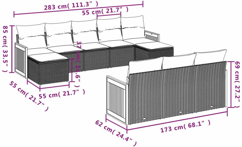 Lauko baldų komplektas Sodo komplektas su pagalvėlėmis, 10 dalių, juodas, poliratanas
