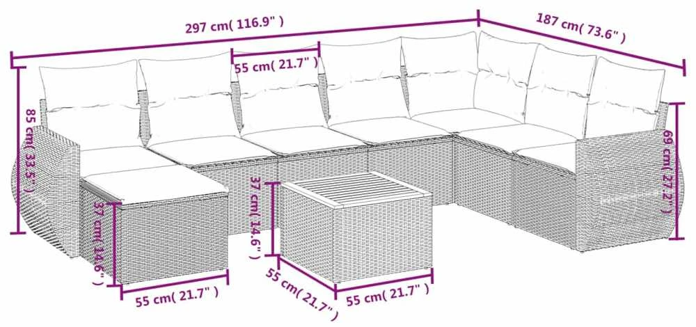 Lauko baldų komplektas Sodo komplektas su pagalvėlėmis, 9 dalių, smėlio, poliratanas