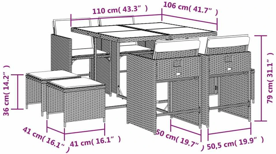 Lauko baldų komplektas Sodo komplektas su pagalvėlėmis, 9 dalių, juodas, poliratanas