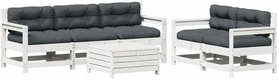 Lauko baldų komplektas Sodo komplektas su pagalvėlėmis, 6 dalių, baltas, pušis