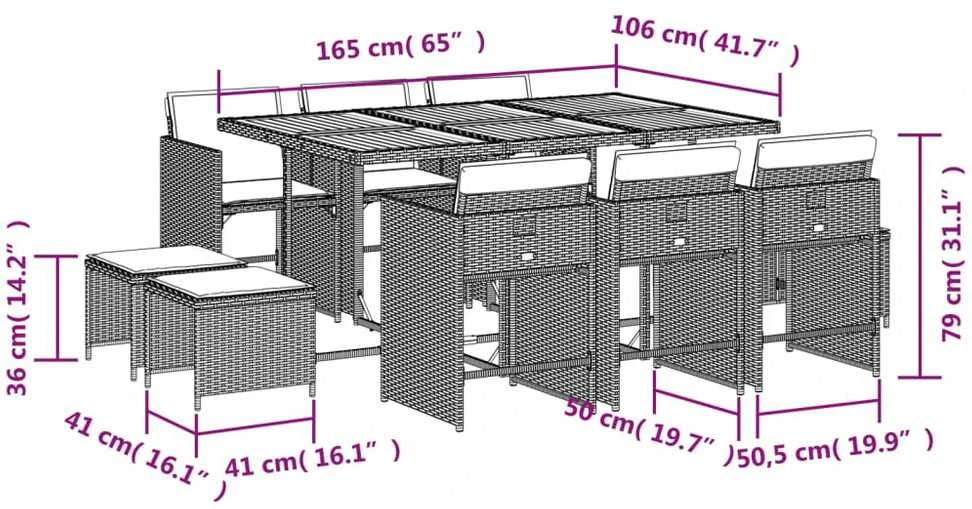 Lauko baldų komplektas Sodo komplektas su pagalvėlėmis, 11 dalių, juodas, poliratanas