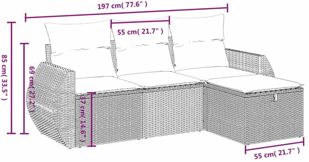 Lauko baldų komplektas Sodo komplektas su pagalvėlėmis, 4 dalių, pilkas, poliratanas