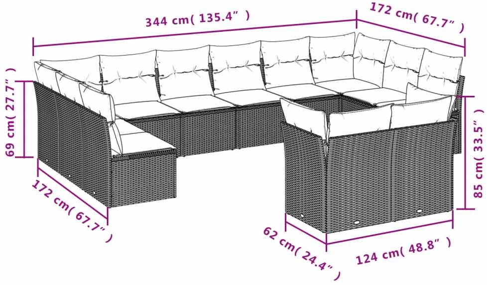 Sofa Sodo komplektas su pagalvėlėmis, 12 dalių, pilkas, poliratanas