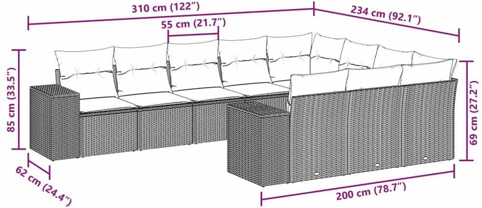 Sofa Sodo komplektas su pagalvėlėmis, 10 dalių, pilkas, poliratanas