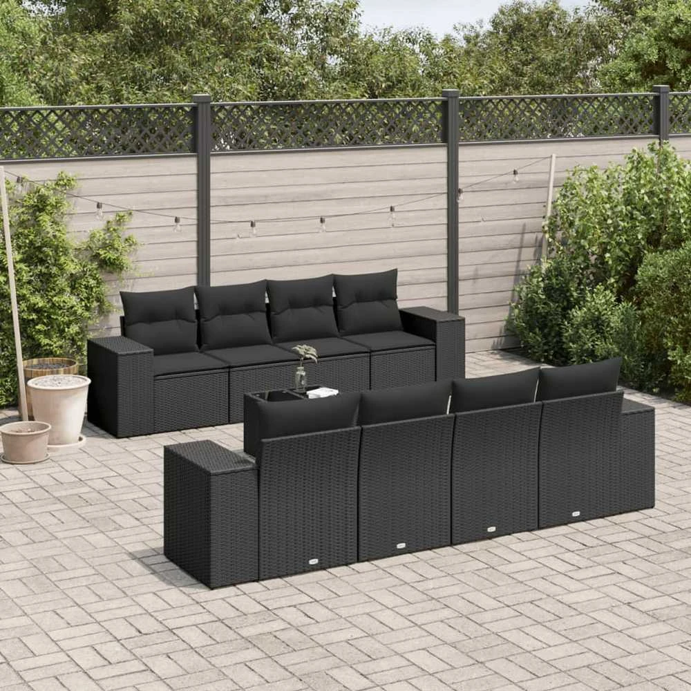 Sofa Sodo komplektas su pagalvėlėmis, 9 dalių, juodas, poliratanas