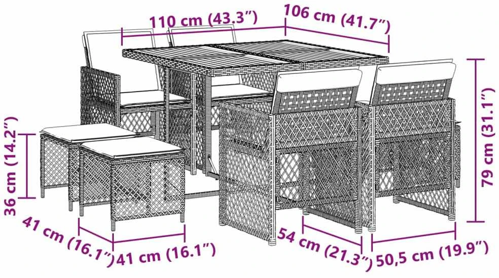 Lauko baldų komplektas Sodo komplektas su pagalvėlėmis, 9 dalių, pilkas, poliratanas