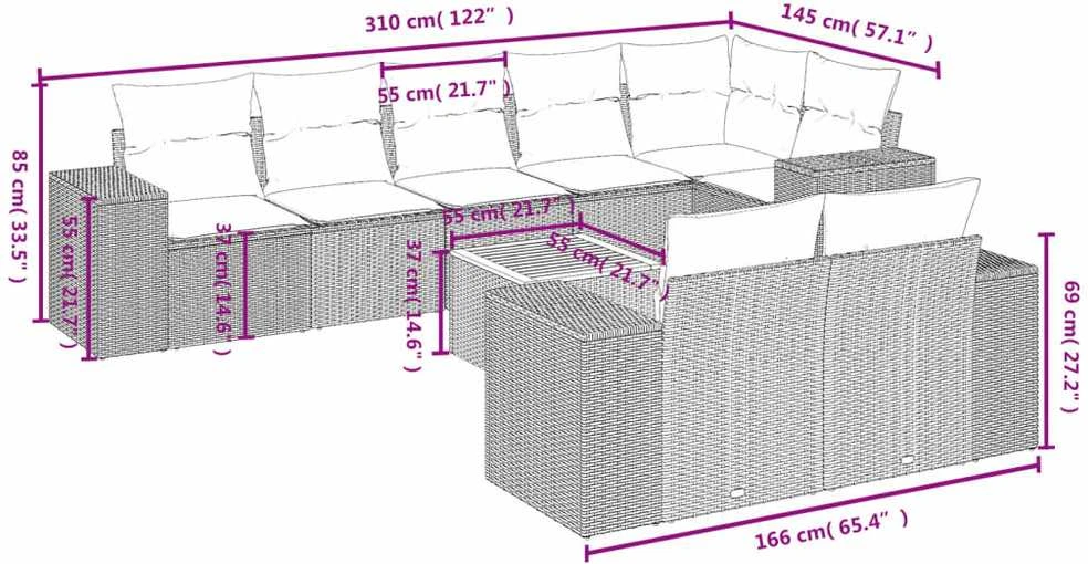 Lauko baldų komplektas Sodo komplektas su pagalvėlėmis, 9 dalių, juodas, poliratanas