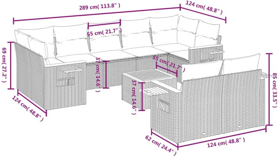 Lauko baldų komplektas Sodo komplektas su pagalvėlėmis, 10 dalių, juodas, poliratanas