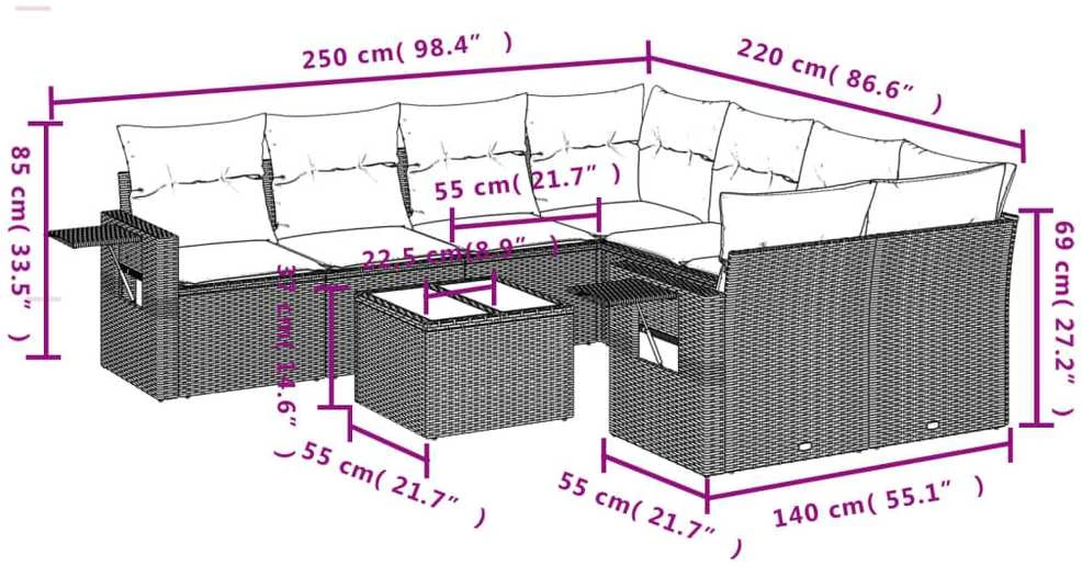 Sofa Sodo komplektas su pagalvėlėmis, 9 dalių, smėlio, poliratanas