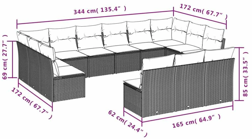 Lauko baldų komplektas Sodo komplektas su pagalvėlėmis, 13 dalių, rudas, poliratanas