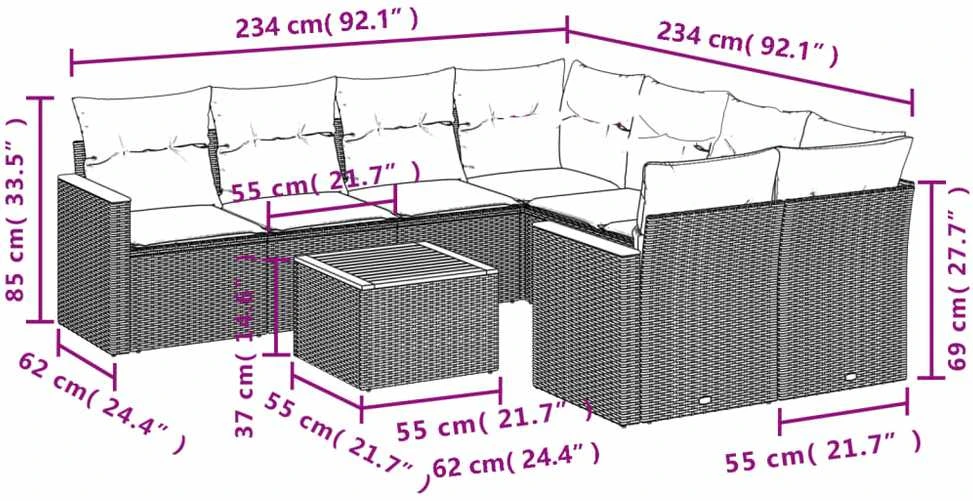 Lauko baldų komplektas Sodo komplektas su pagalvėlėmis, 9 dalių, juodas, poliratanas
